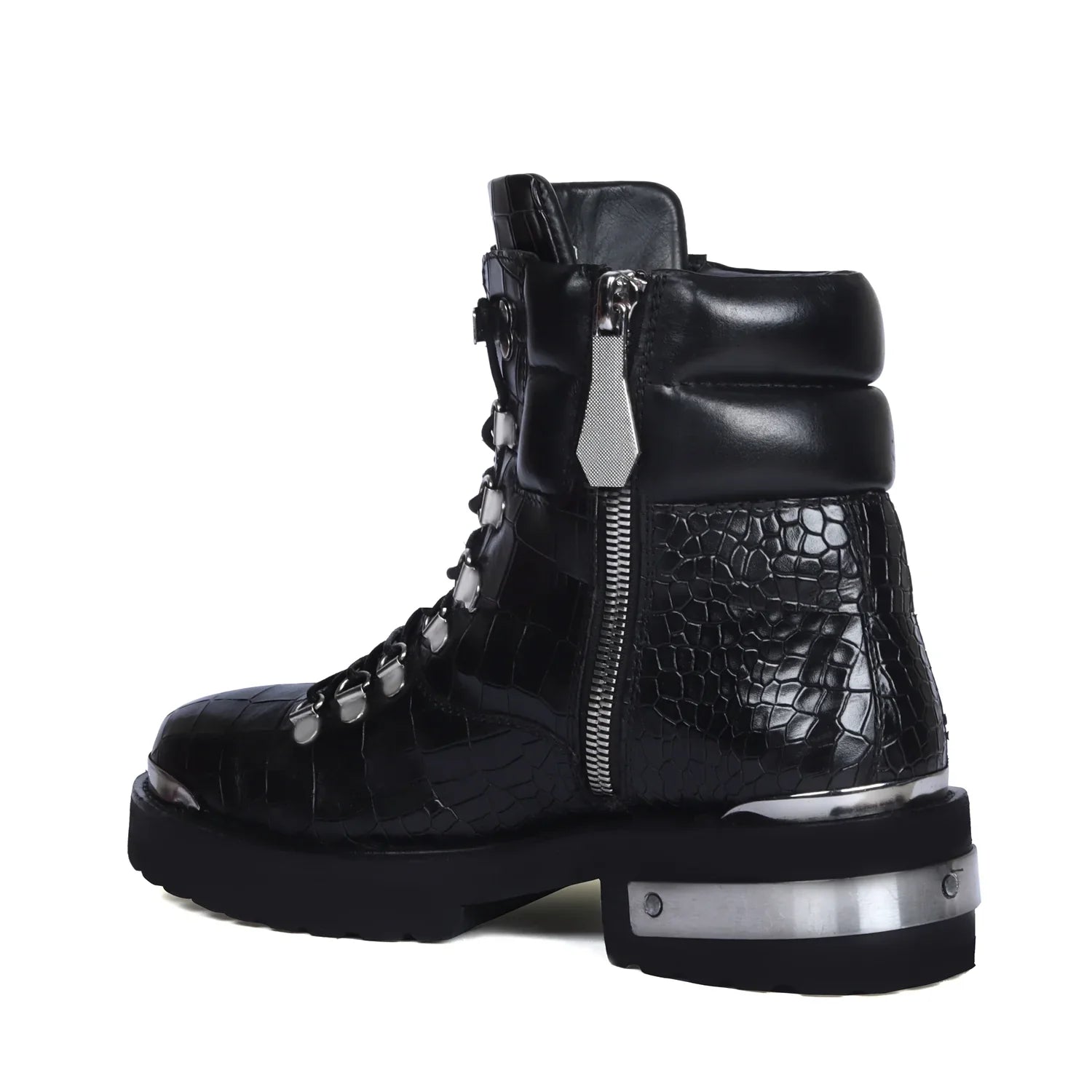 Biker Chunky Boots in Croco Textured Leather with Zip Closure