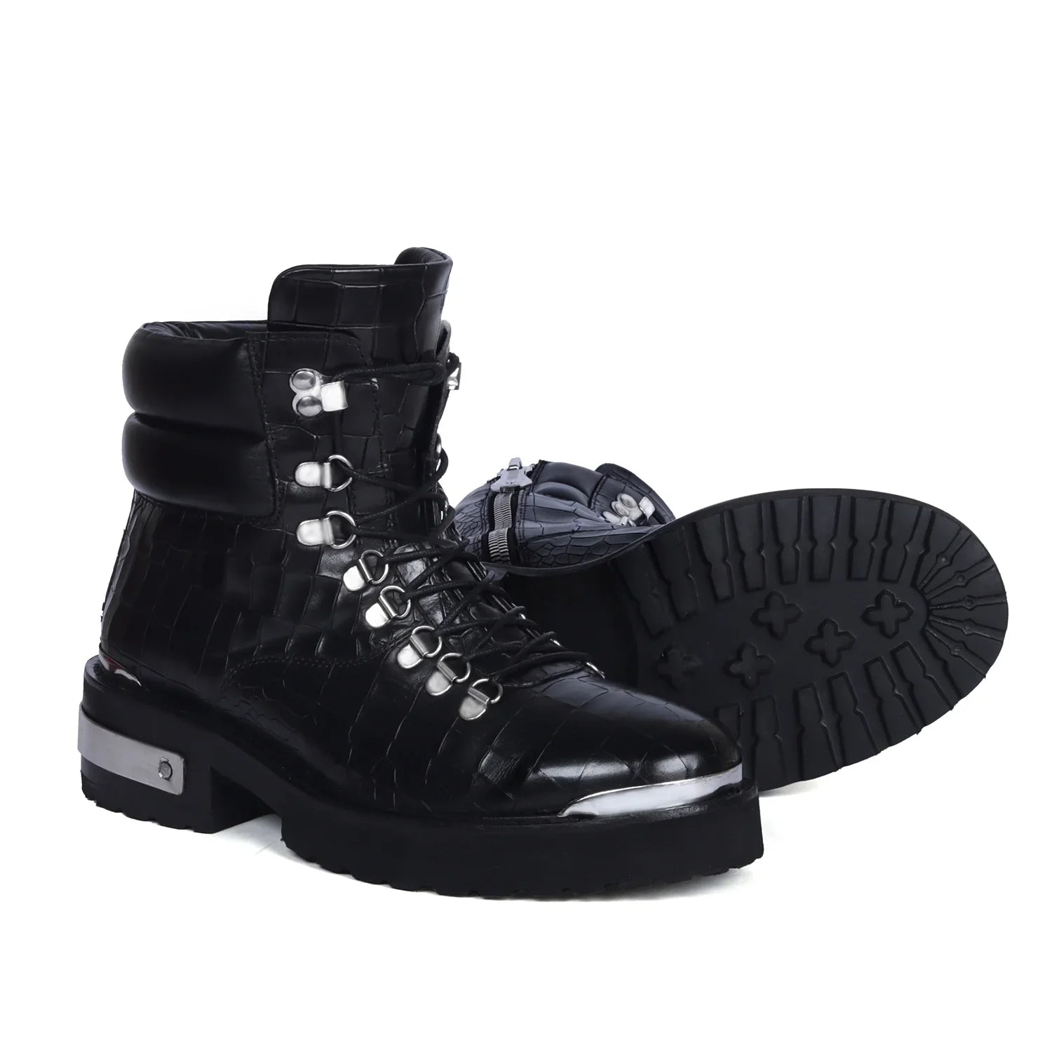 Biker Chunky Boots in Croco Textured Leather with Zip Closure