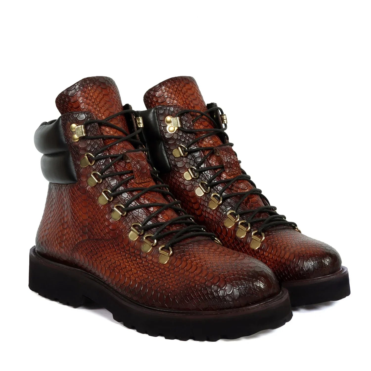 Tan Chunky Boots in Snake Skin Textured Leather