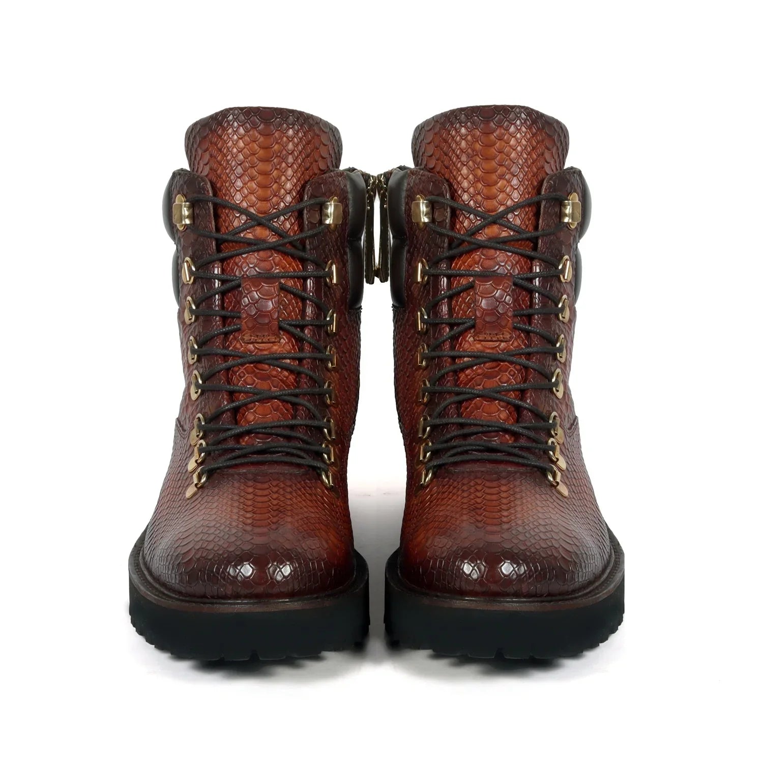 Tan Chunky Boots in Snake Skin Textured Leather