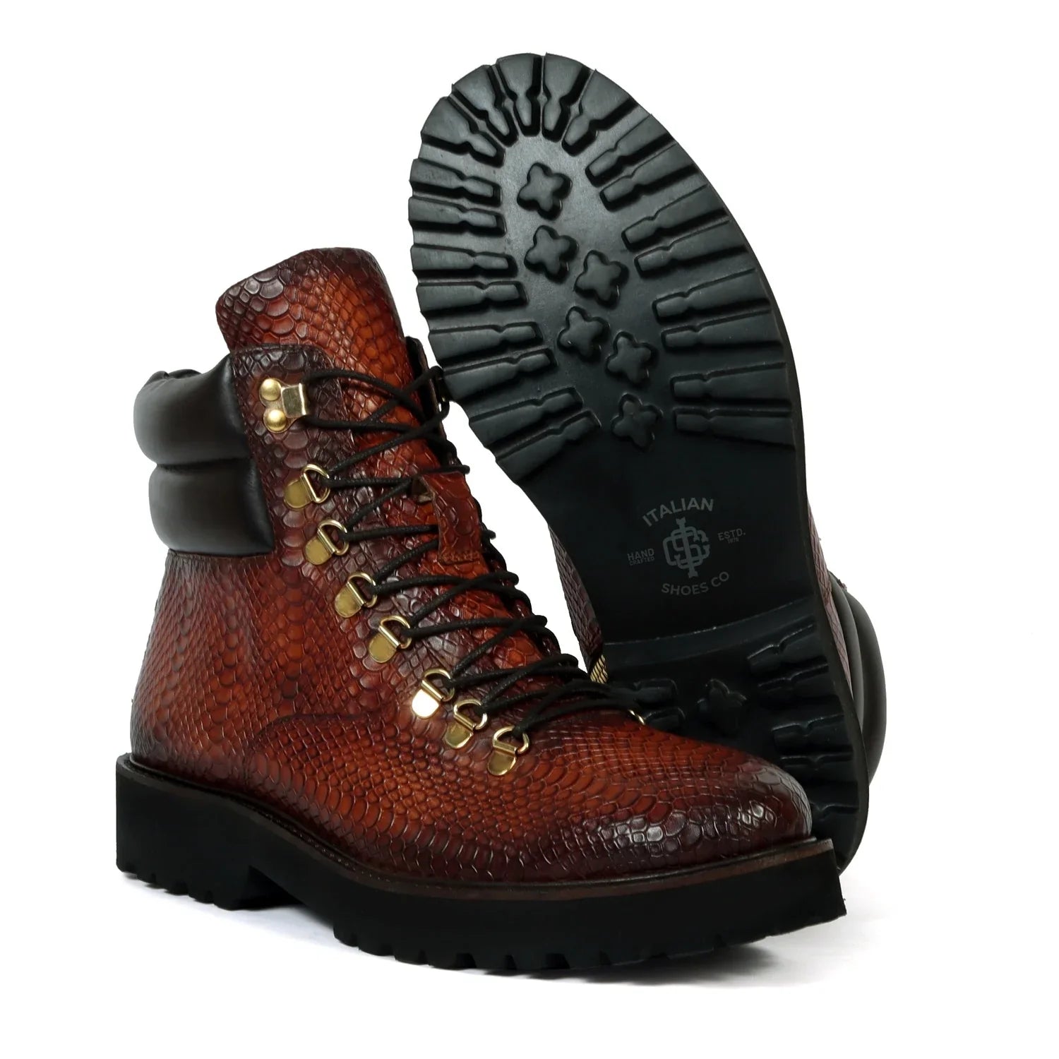 Tan Chunky Boots in Snake Skin Textured Leather