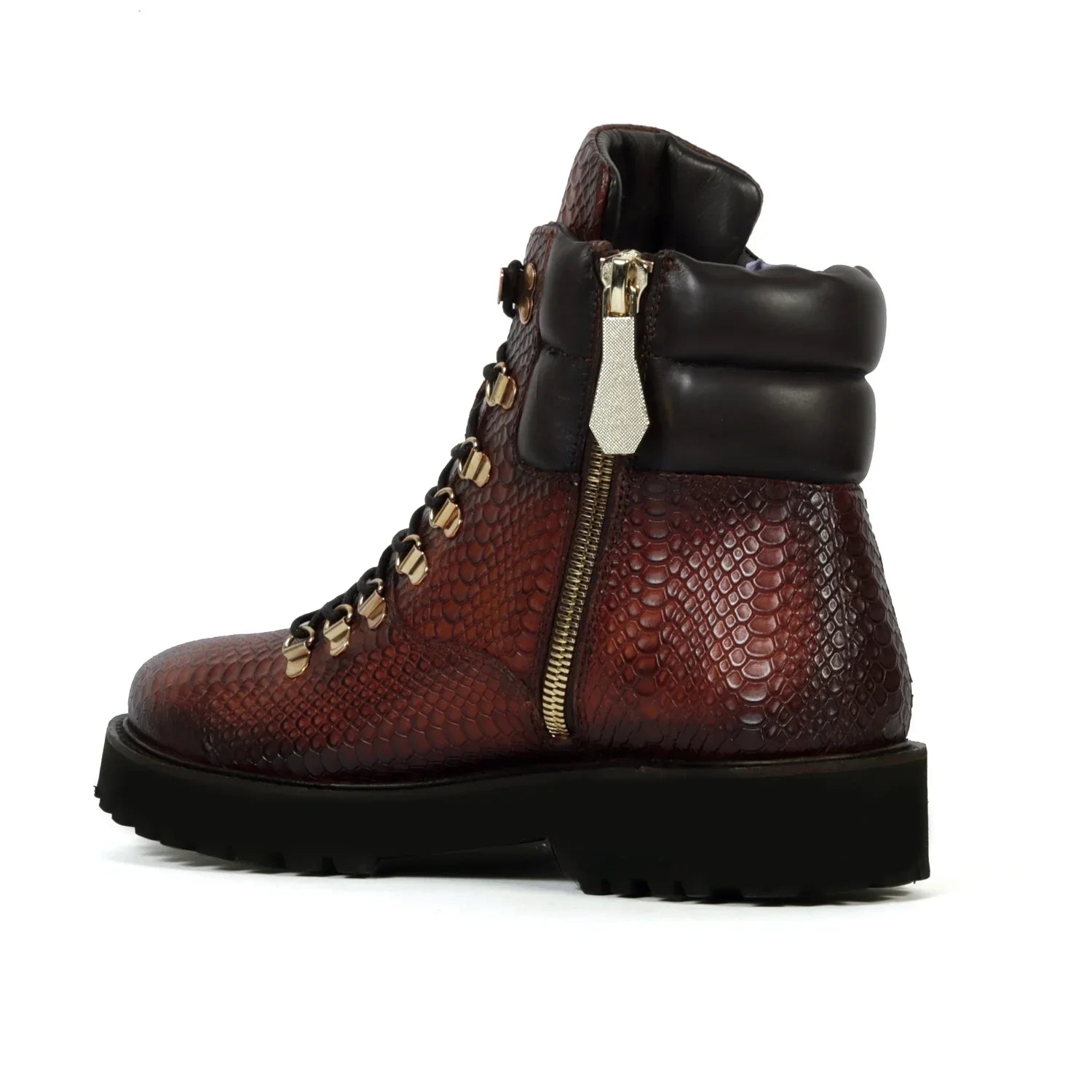 Tan Chunky Boots in Snake Skin Textured Leather