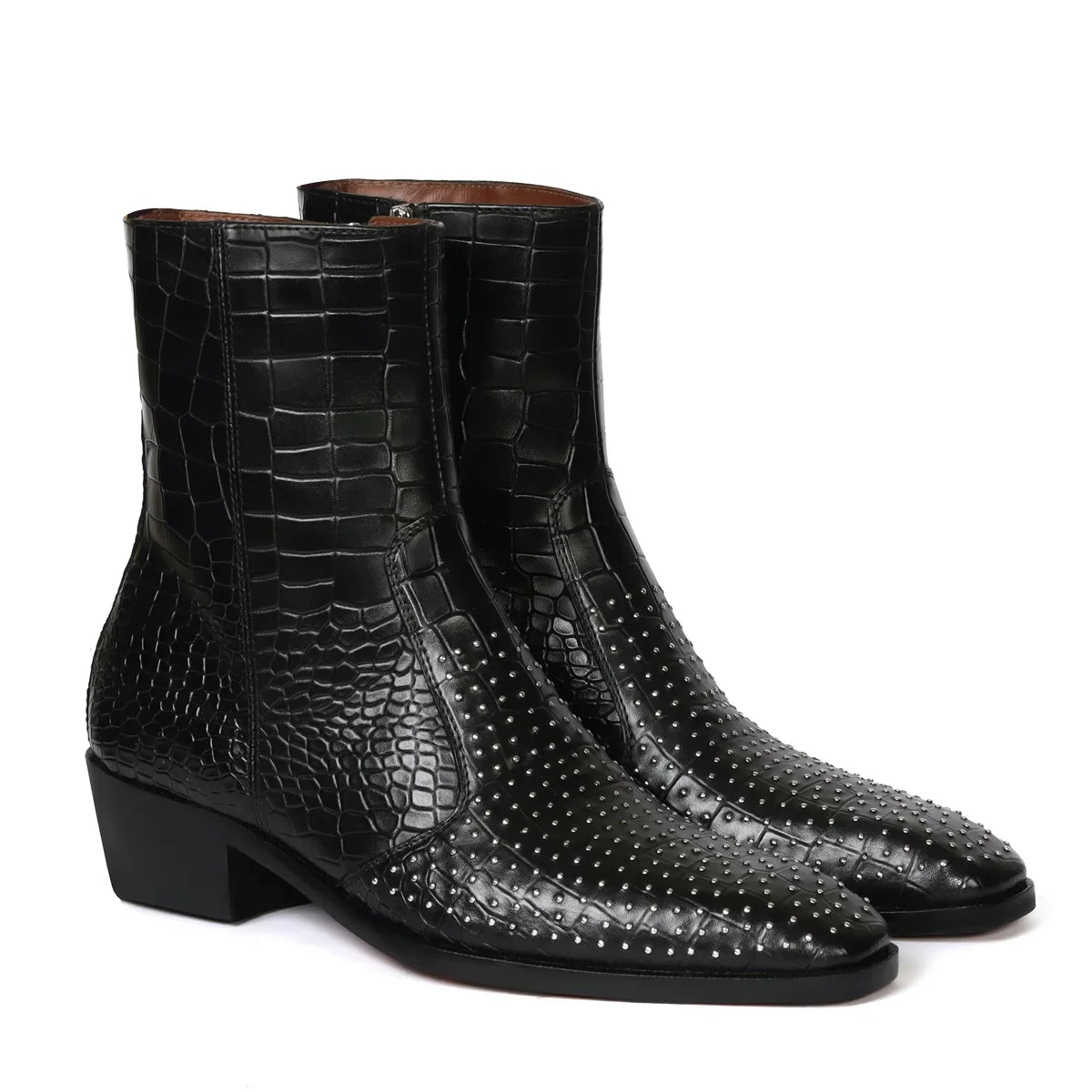 Black Boot in Deep Cut Leather with Cuban Heel Zip Closure