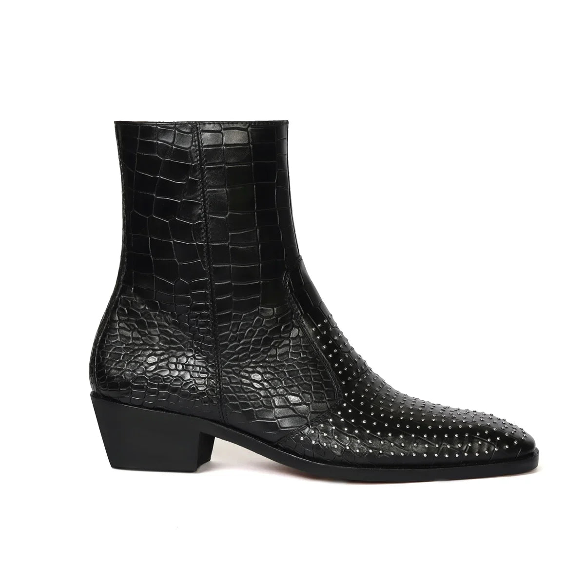 Black Boot in Deep Cut Leather with Cuban Heel Zip Closure