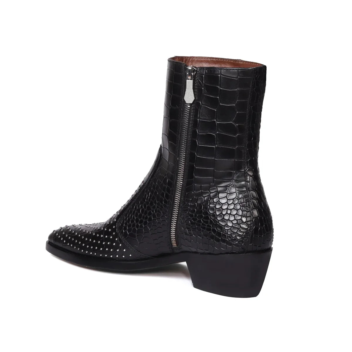 Black Boot in Deep Cut Leather with Cuban Heel Zip Closure