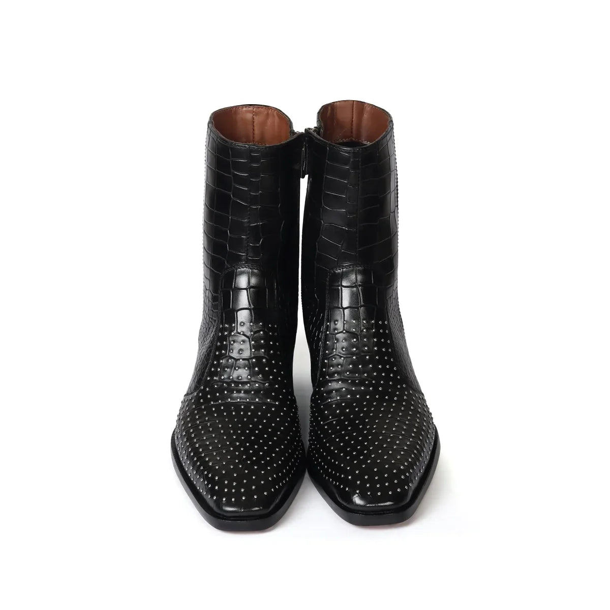 Black Boot in Deep Cut Leather with Cuban Heel Zip Closure