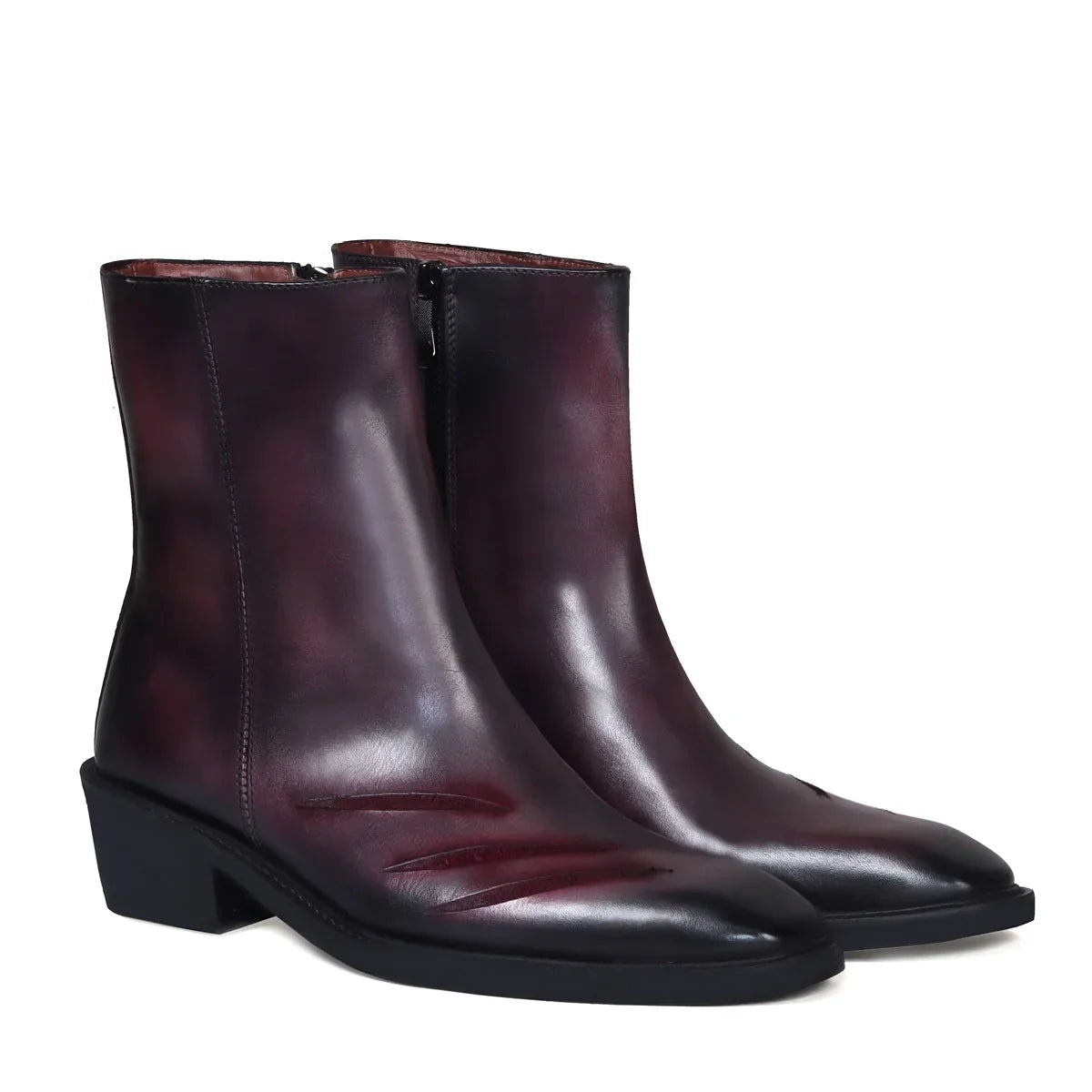 Wolf Scratch Inspired Leather Boots in Purple-Grey Cuban Heel