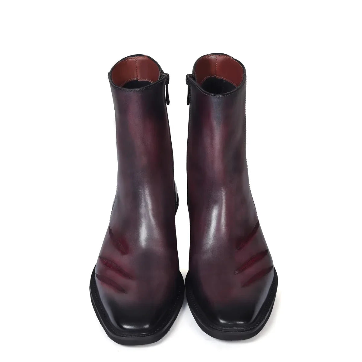 Wolf Scratch Inspired Leather Boots in Purple-Grey Cuban Heel
