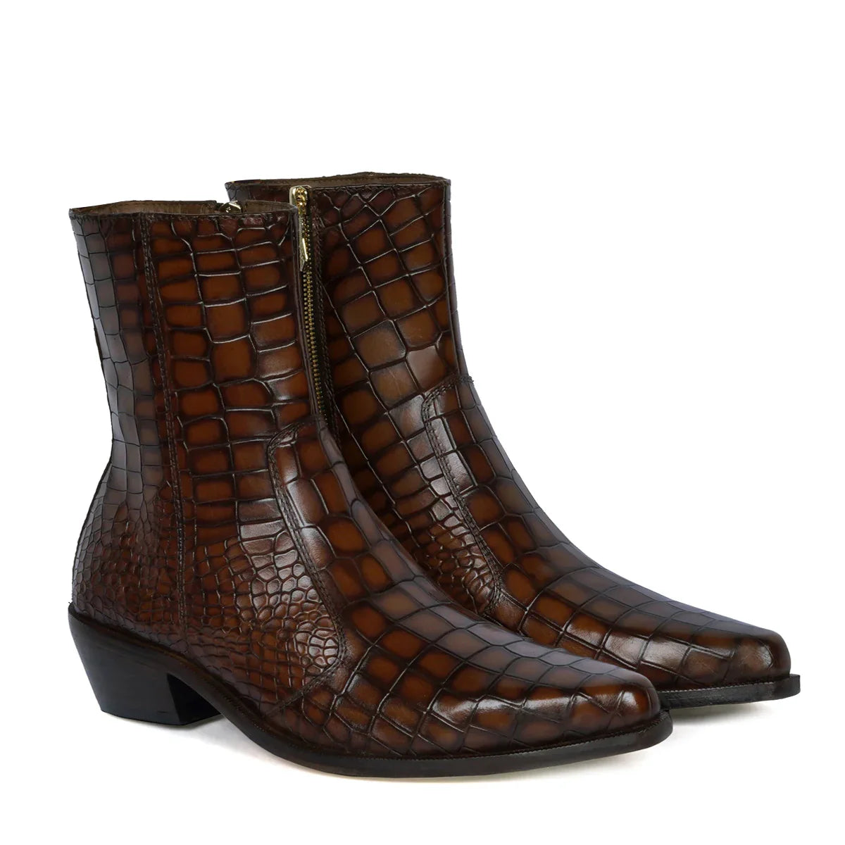 COWBOY STYLE DEEP CUT CROCO TAN SMOKEY  LEATHER CHELSEA BOOTS