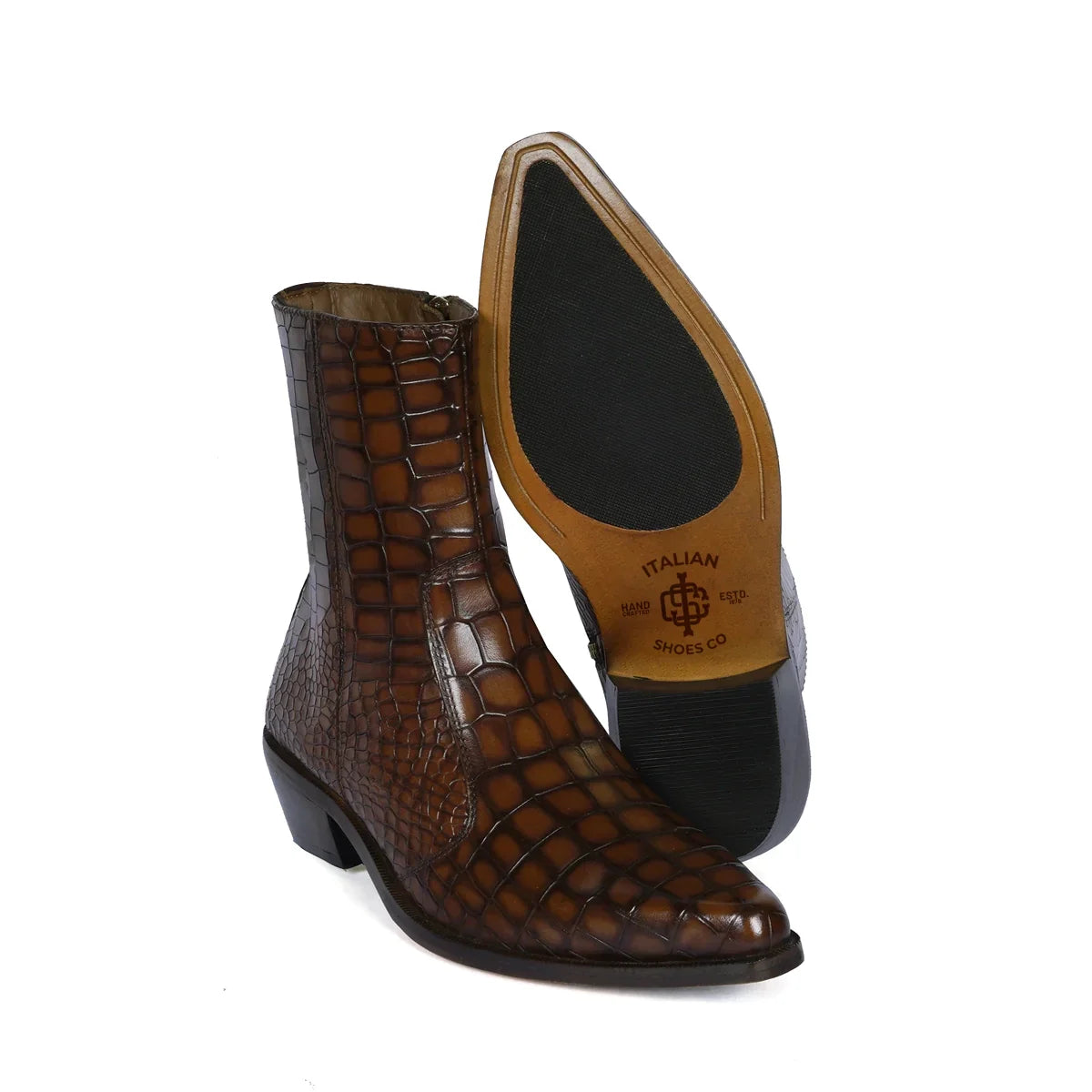 COWBOY STYLE DEEP CUT CROCO TAN SMOKEY  LEATHER CHELSEA BOOTS