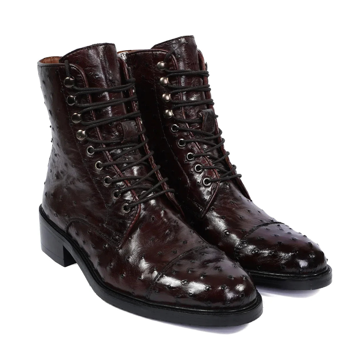 Dark Brown High Ankle  Biker Boots in Real Ostrich Leather