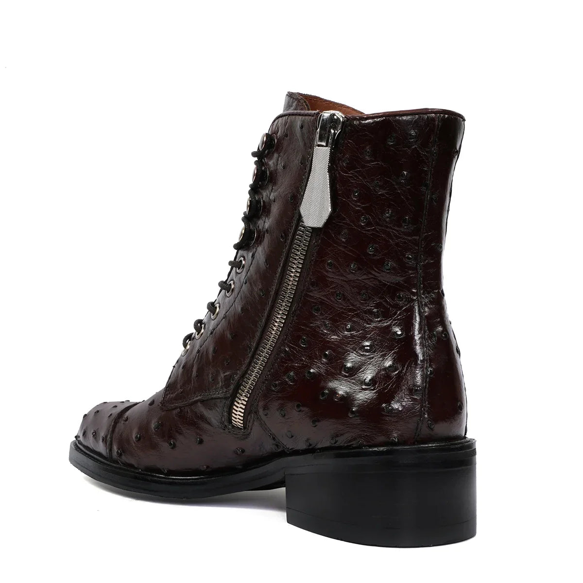 Dark Brown High Ankle  Biker Boots in Real Ostrich Leather
