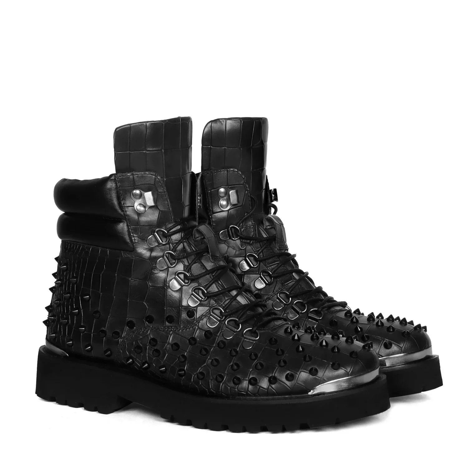 Stud Black Biker Boots in Deep Cut Leather