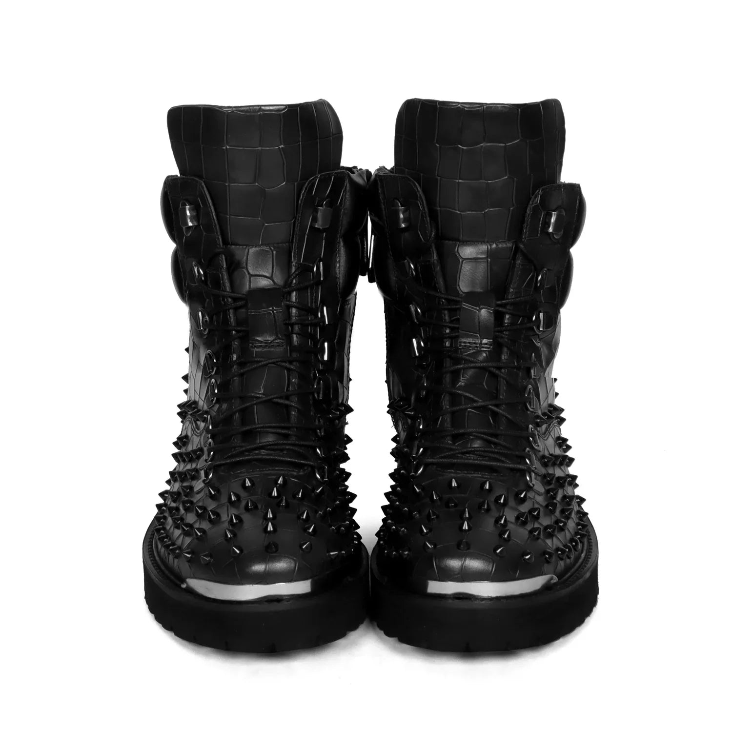 Stud Black Biker Boots in Deep Cut Leather