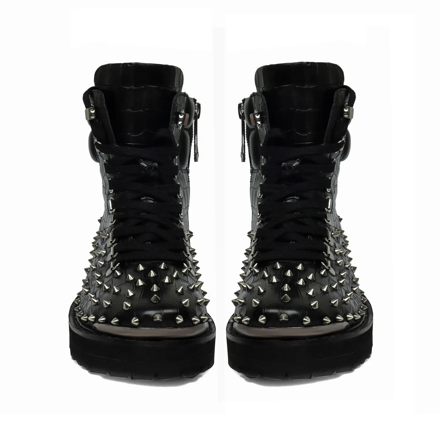 Biker Boots in Black Deep Cut Leather with Silver Stud