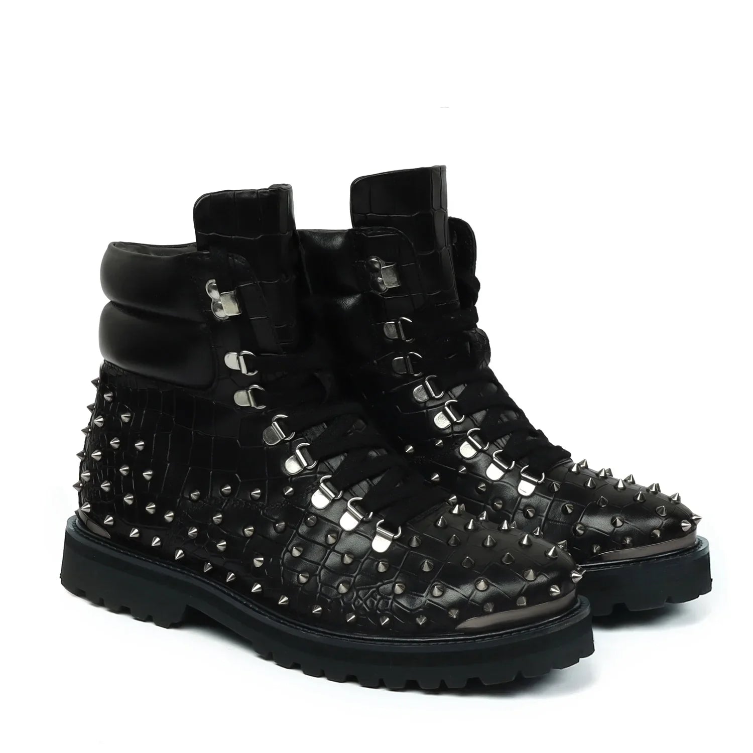 Biker Boots in Black Deep Cut Leather with Silver Stud