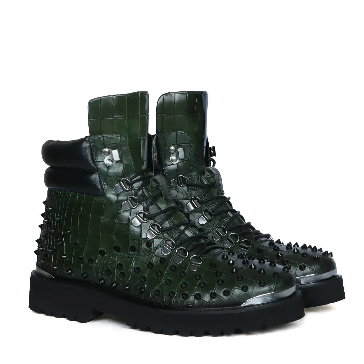 Biker Chunky Boots Green Croco Textured Leather with Black Stud