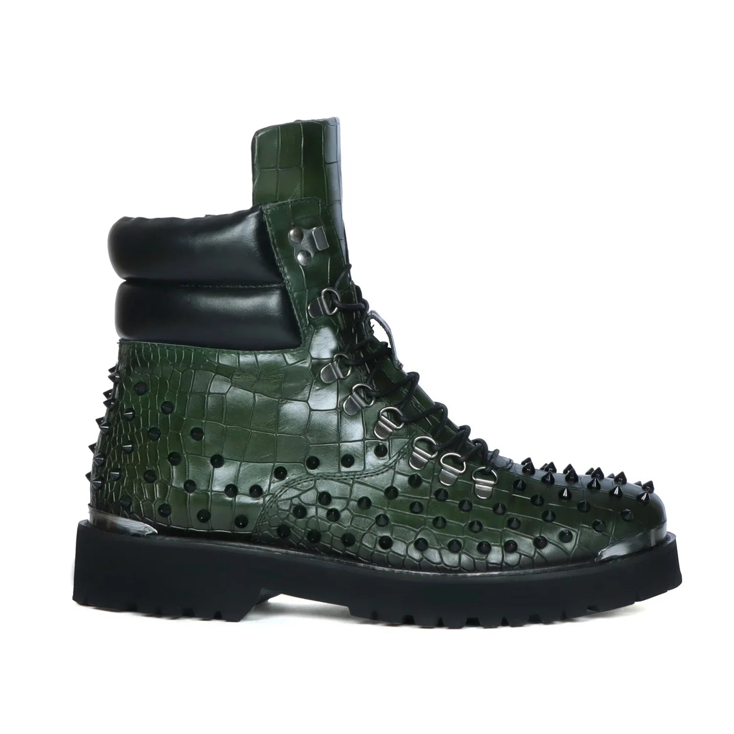 Biker Chunky Boots Green Croco Textured Leather with Black Stud
