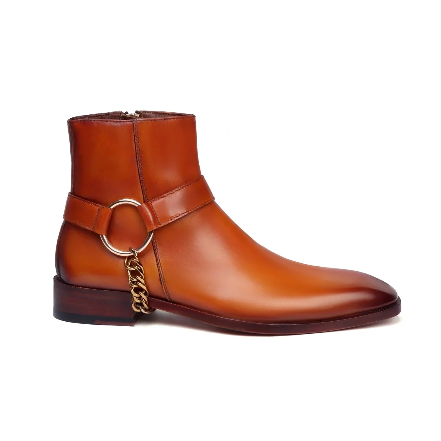 Tan Cuban Chelsea Boots with Side Zip & Stylish Goden Chain