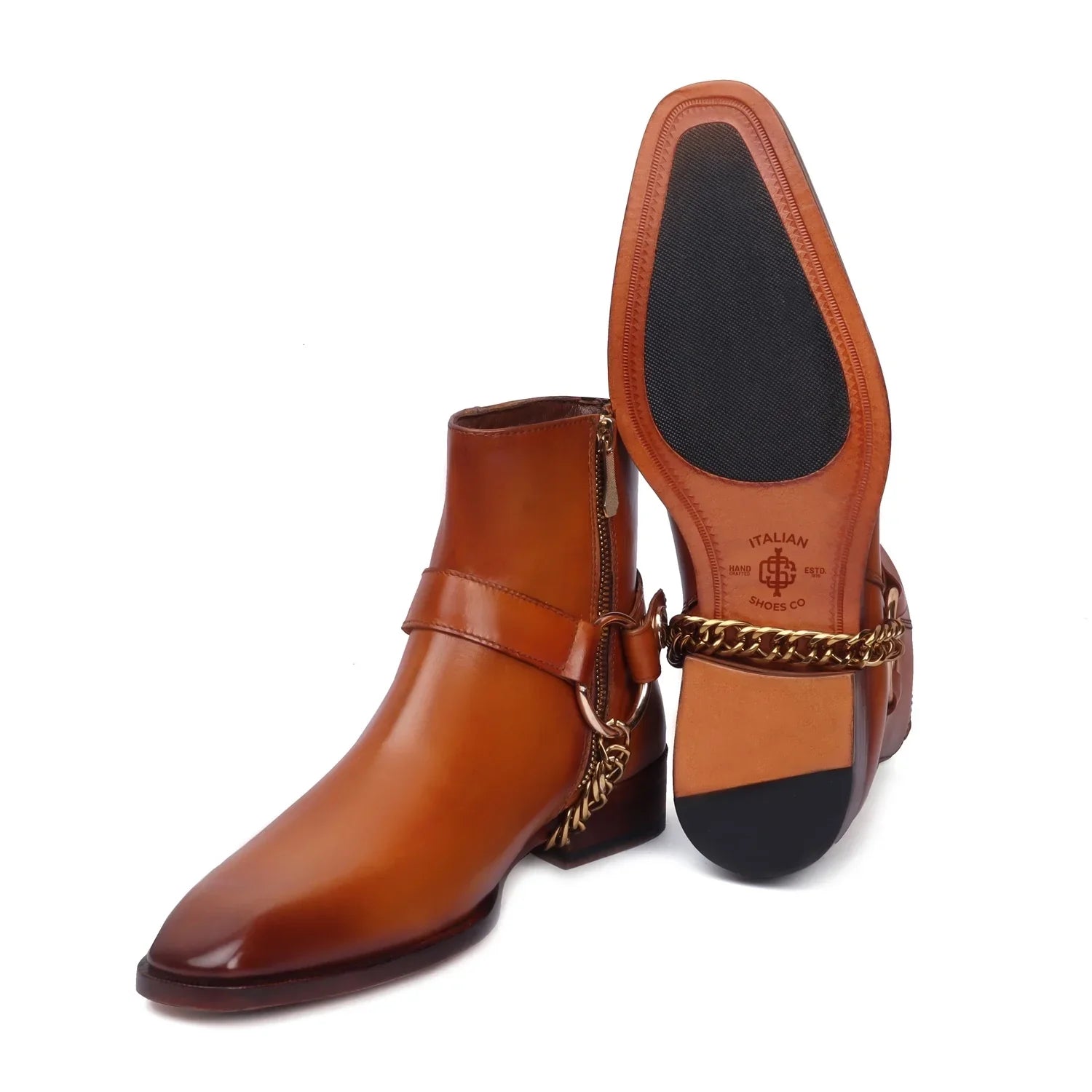 Tan Cuban Chelsea Boots with Side Zip & Stylish Goden Chain