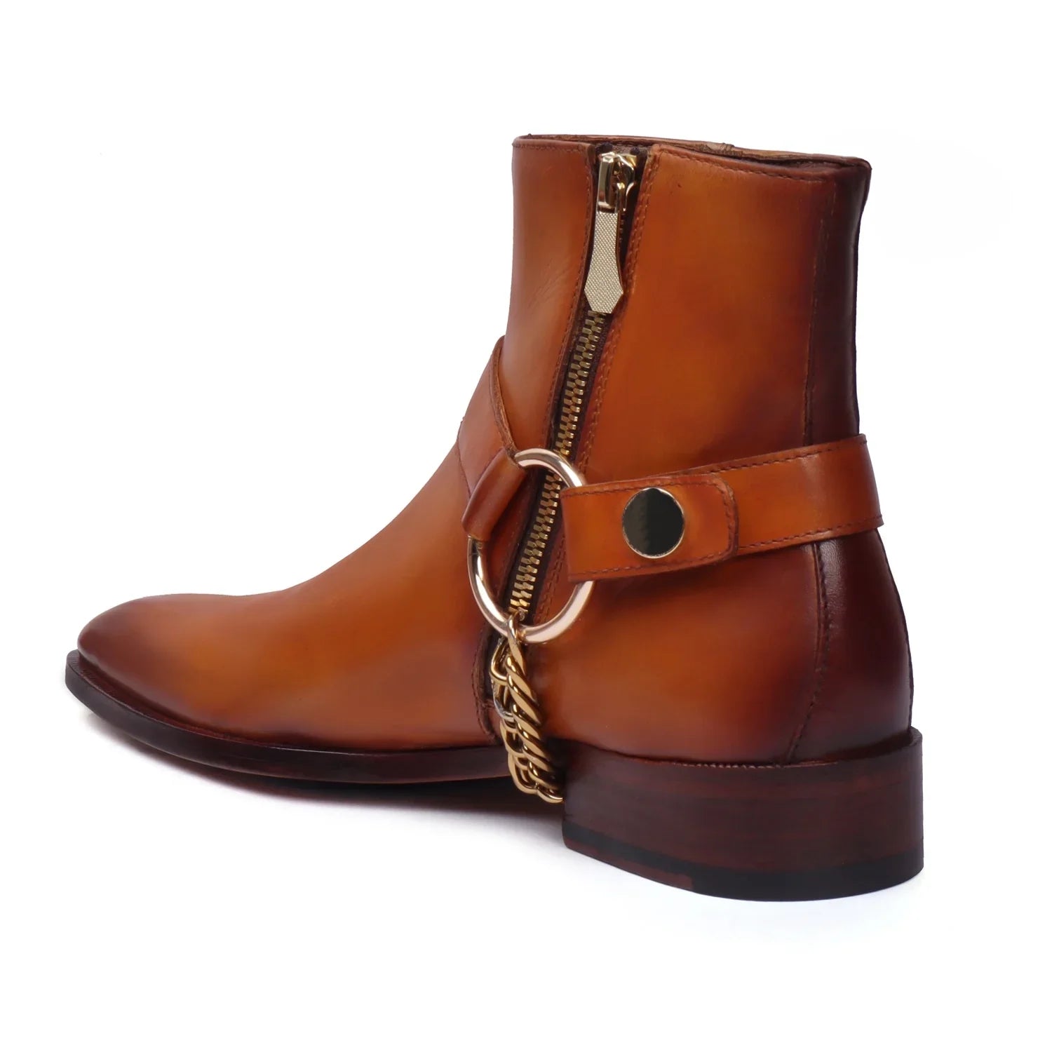 Tan Cuban Chelsea Boots with Side Zip & Stylish Goden Chain