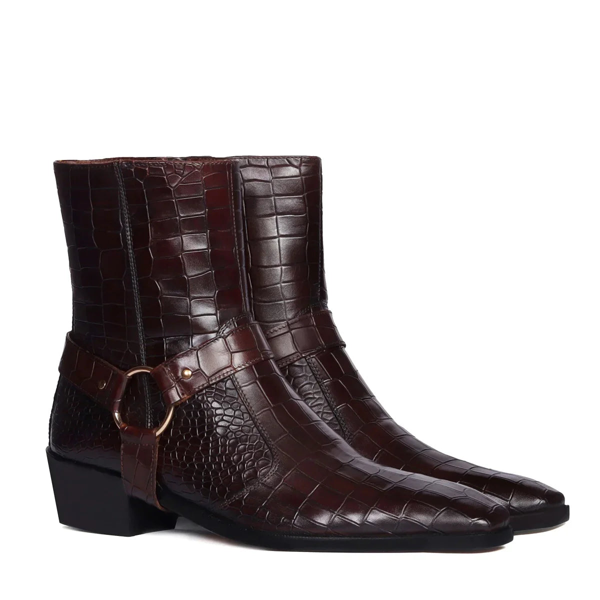 DEEP CUT CROCO CUBAN HEEL DARK BROWN BOOTS