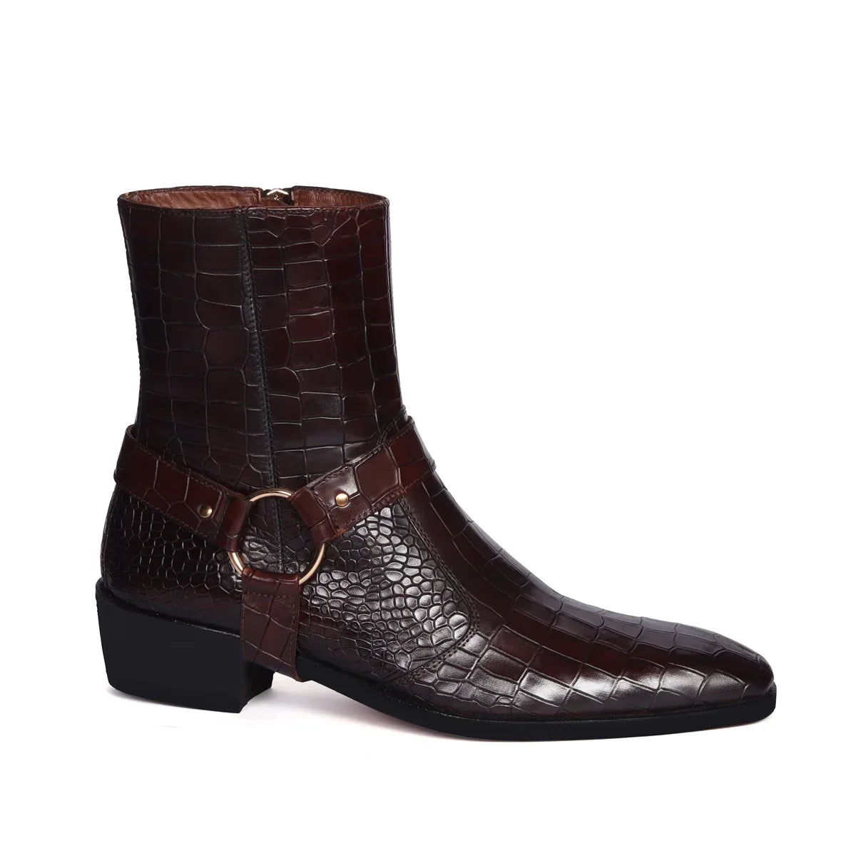 DEEP CUT CROCO CUBAN HEEL DARK BROWN BOOTS