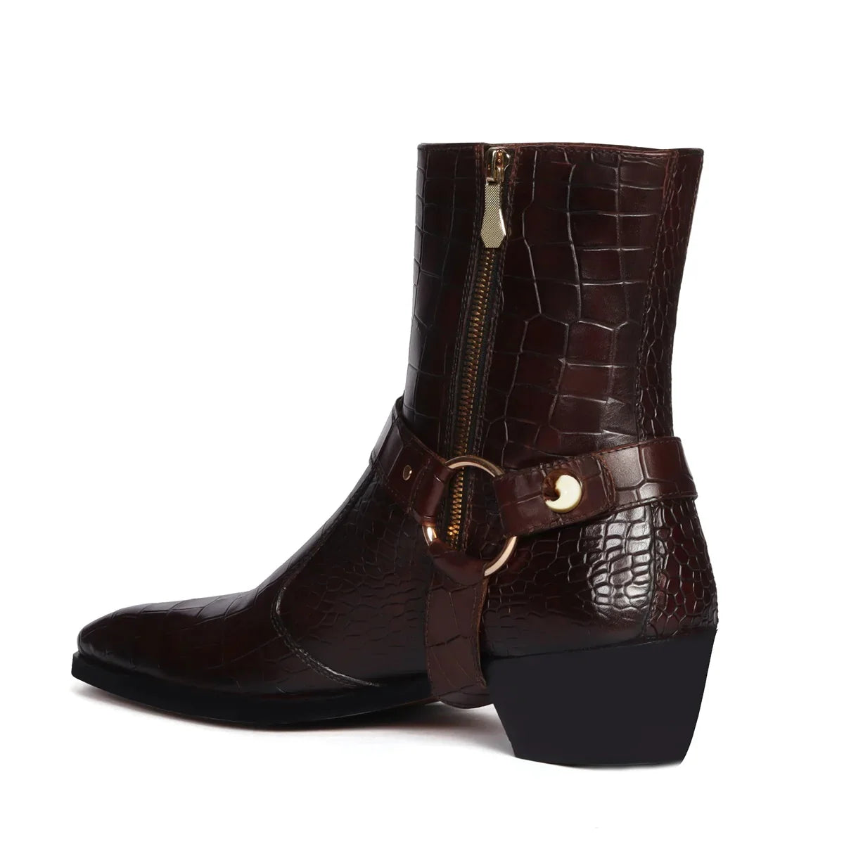 DEEP CUT CROCO CUBAN HEEL DARK BROWN BOOTS