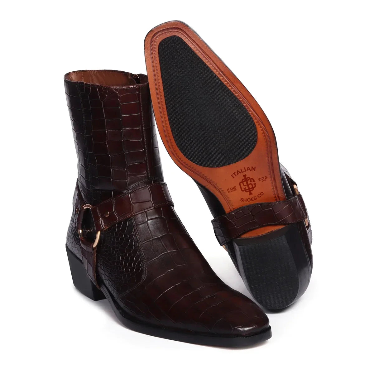 DEEP CUT CROCO CUBAN HEEL DARK BROWN BOOTS
