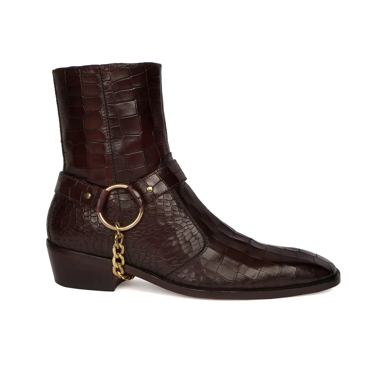 Dark Brown Cuban Boots with Stylish Golden Chain