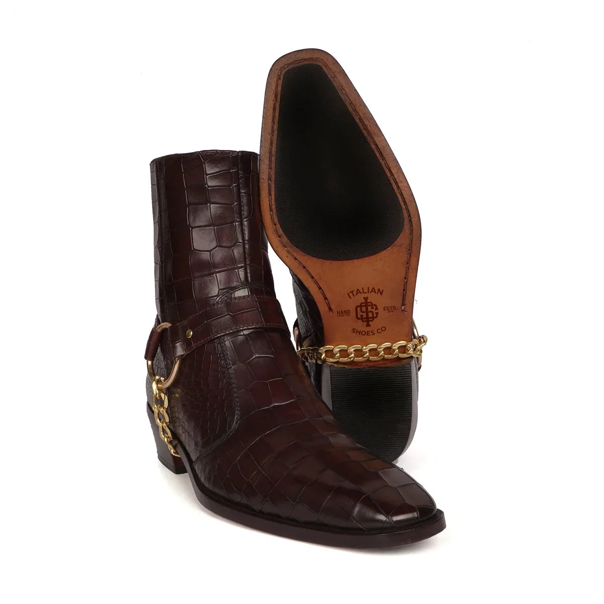 Dark Brown Cuban Boots with Stylish Golden Chain