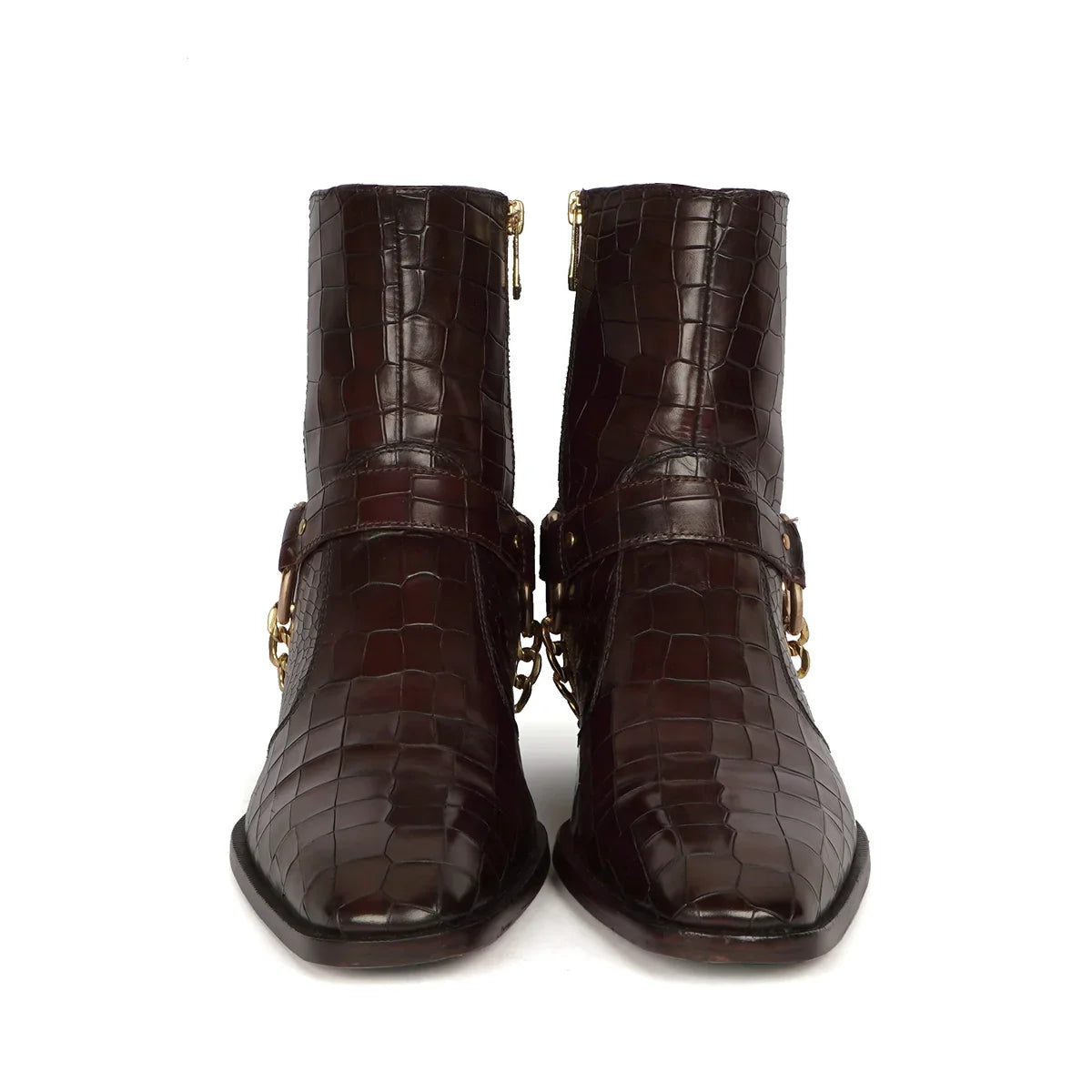 Dark Brown Cuban Boots with Stylish Golden Chain