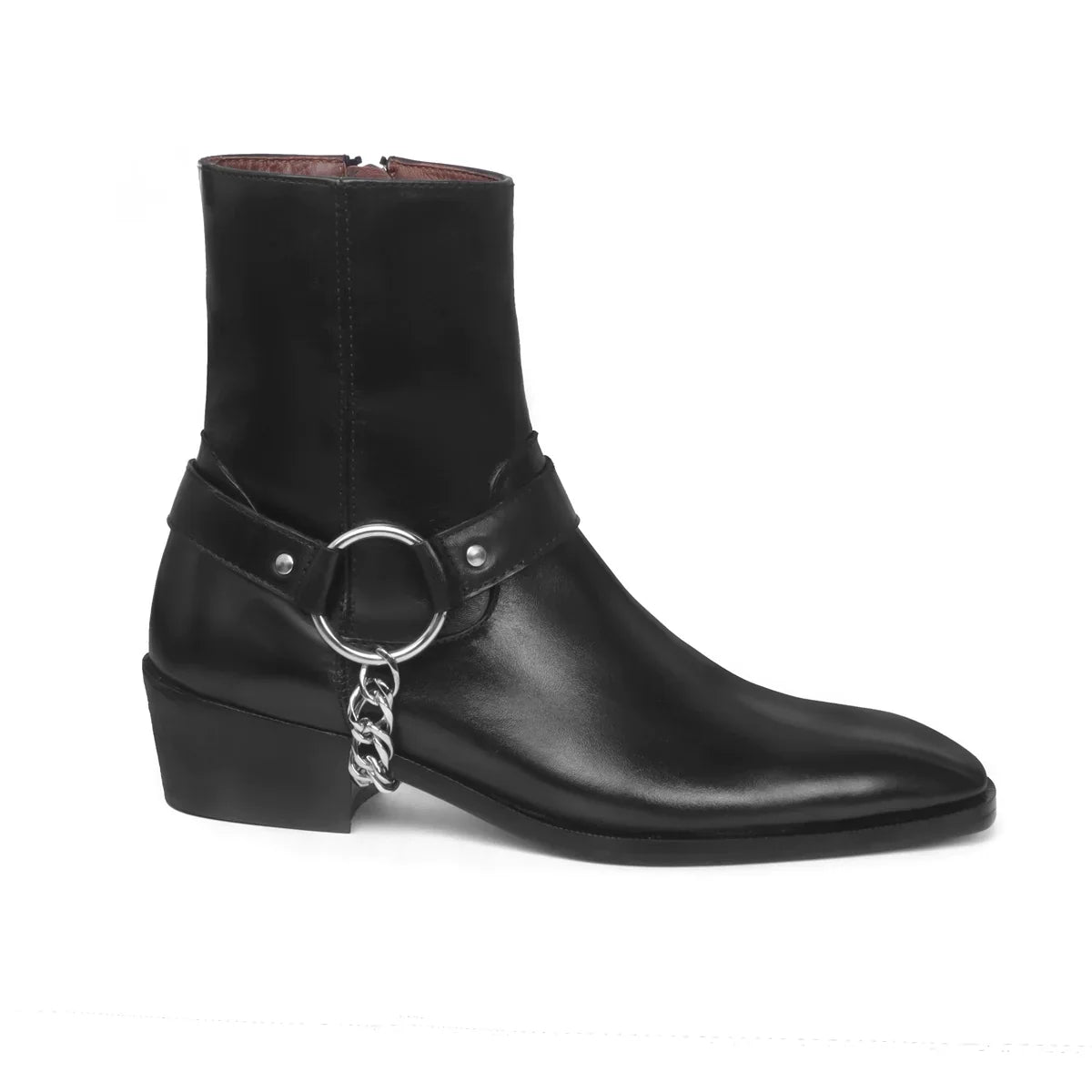 Black Leather High Ankle Cuban Boots With Stylish Silver Chain