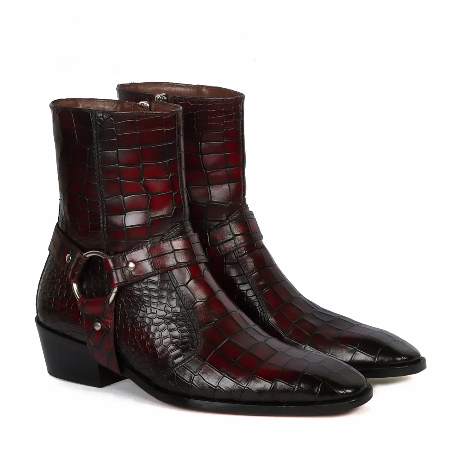 Smokey Wine Cuban Heel Croco Textured Leather Boots