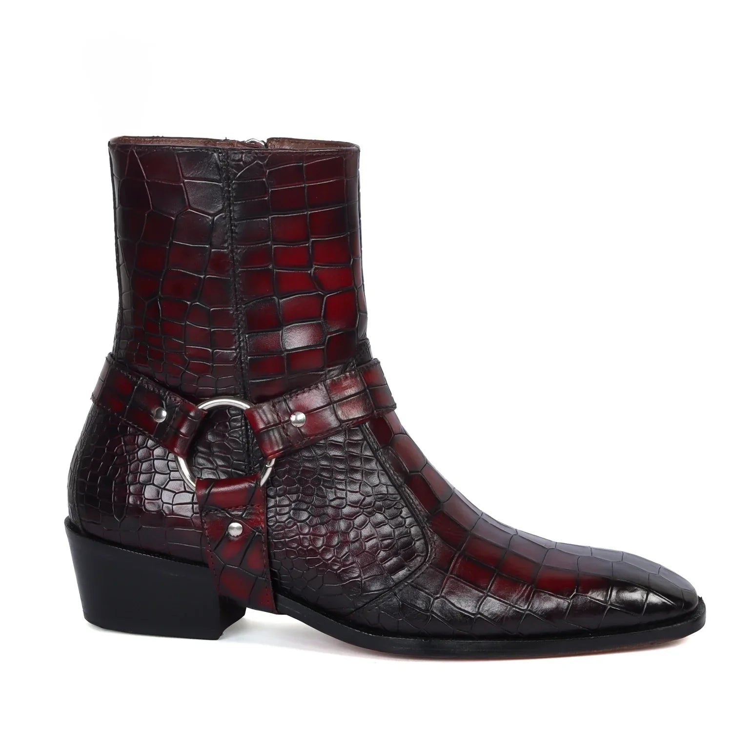 Smokey Wine Cuban Heel Croco Textured Leather Boots