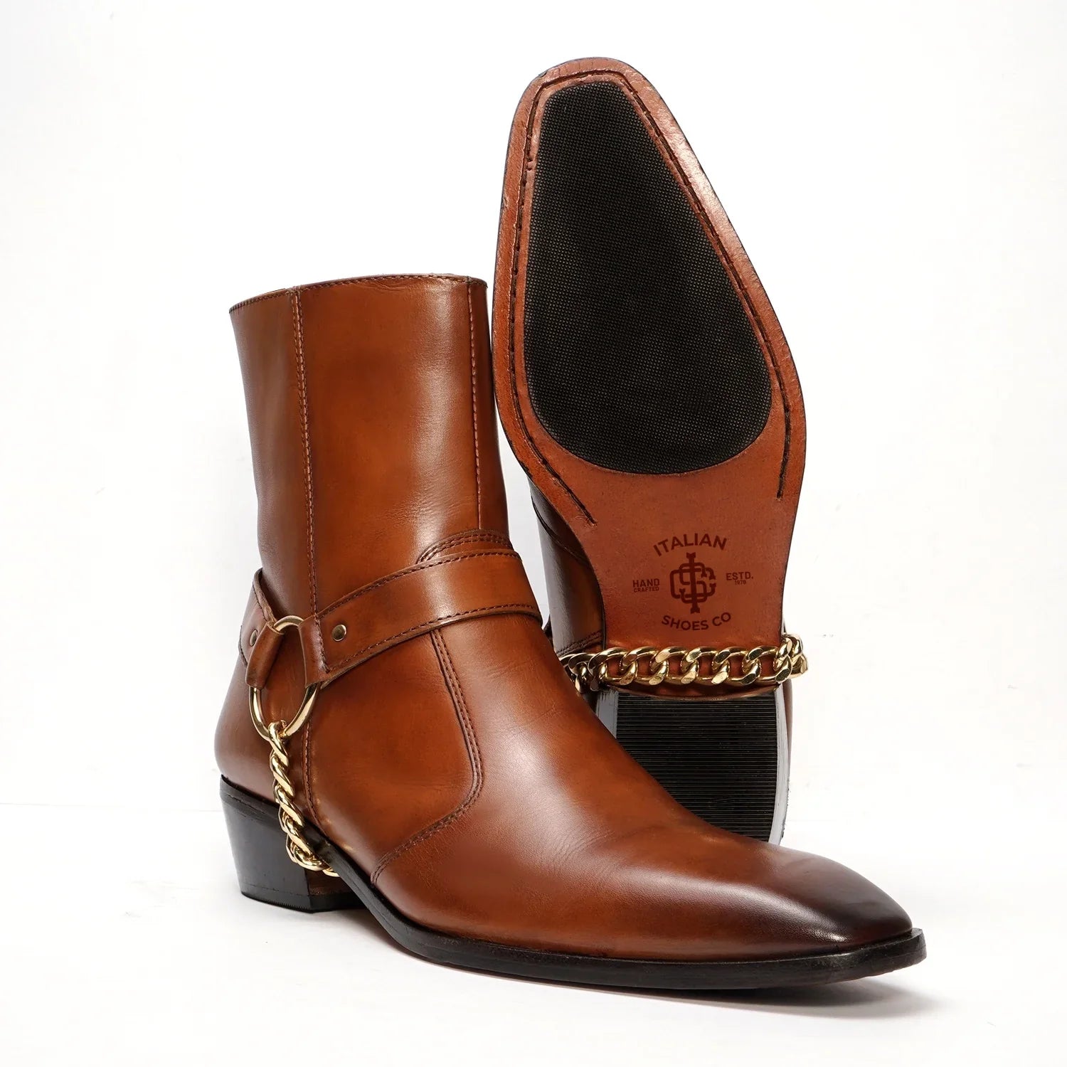 Tan Hybrid Chain Cuban Boots in Genuine Leather
