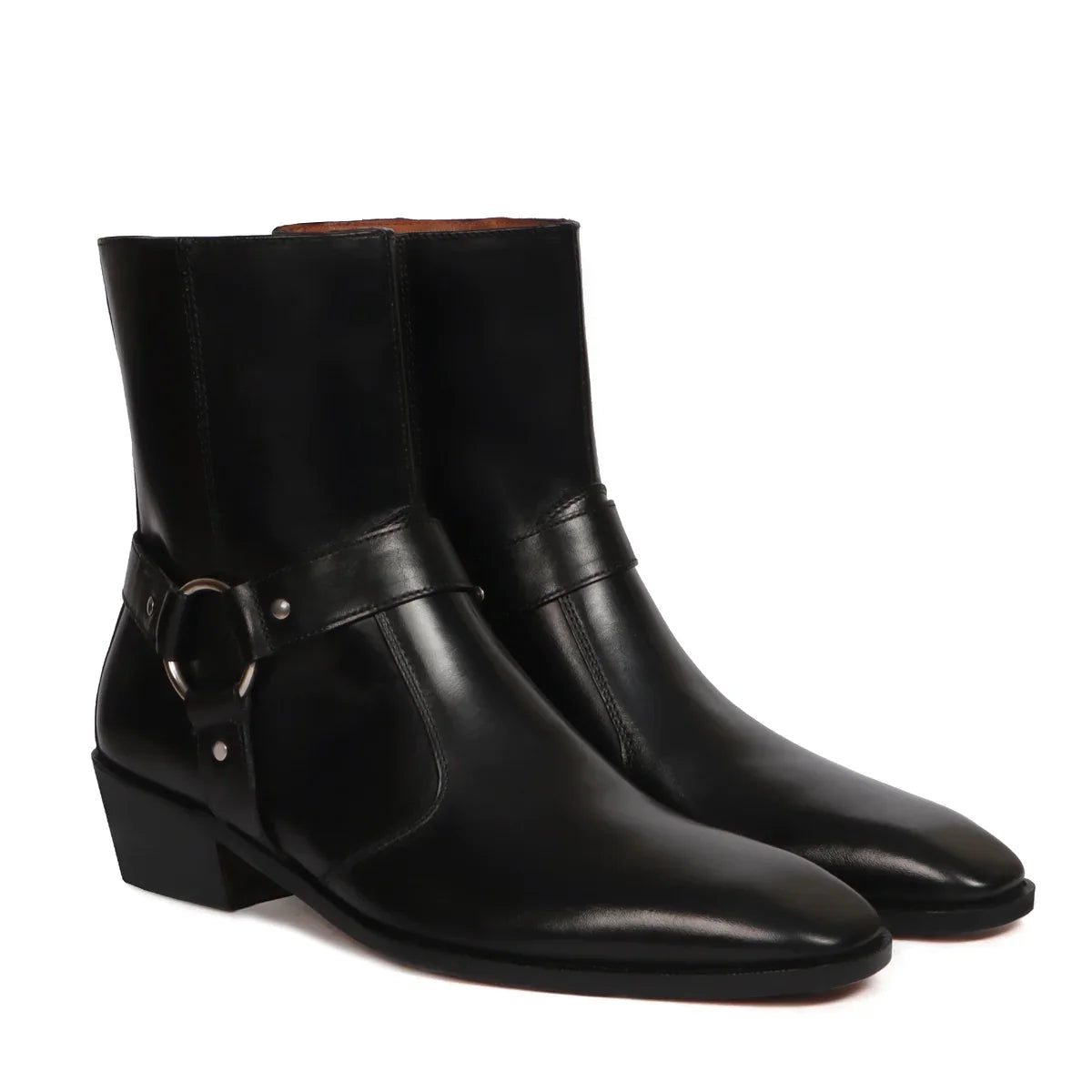 Stylish Buckle Strap Cuban Boots in Black Genuine Leather