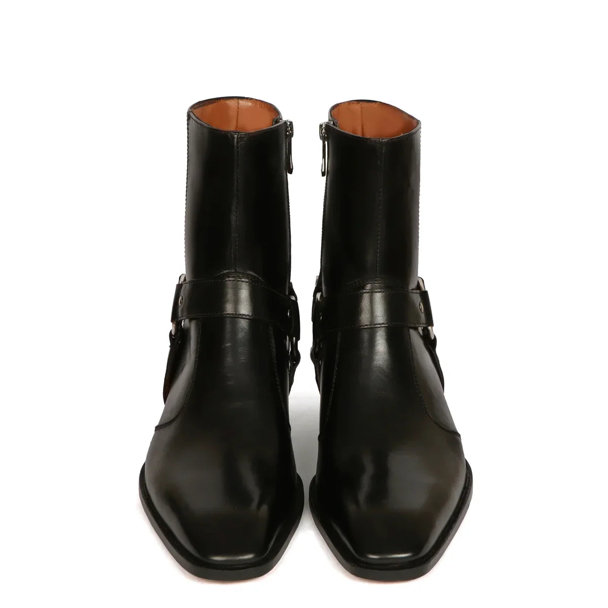 Stylish Buckle Strap Cuban Boots in Black Genuine Leather