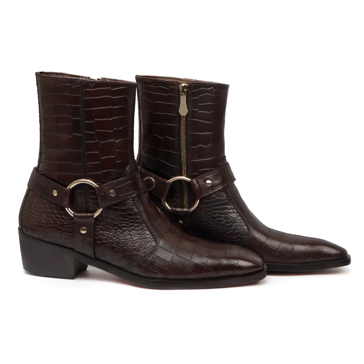 CUBAN BOOTS WITH STYLISH STRAP FOR MEN IN DARK BROWN DEEP CUT LEATHER