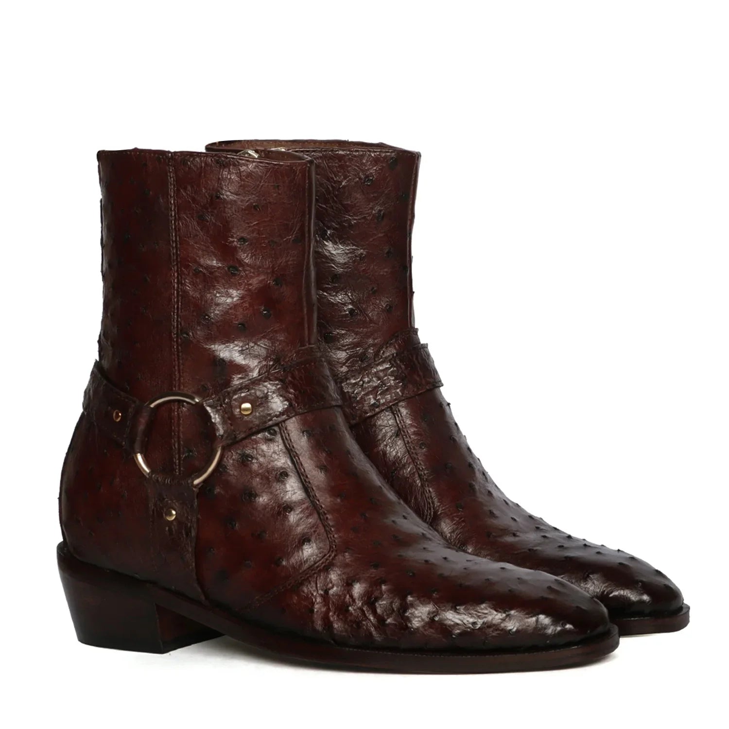 Exotic Dark Brown Boots in Ostrich Leather with Perfect Cuban Heels