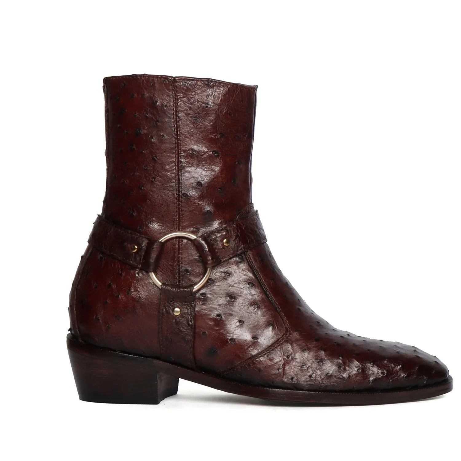Exotic Dark Brown Boots in Ostrich Leather with Perfect Cuban Heels