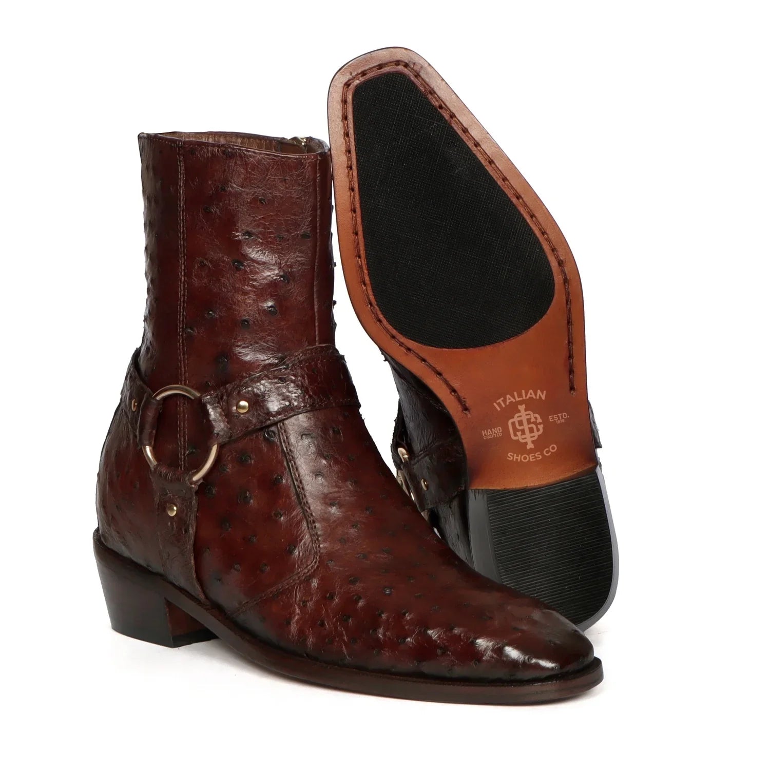 Exotic Dark Brown Boots in Ostrich Leather with Perfect Cuban Heels