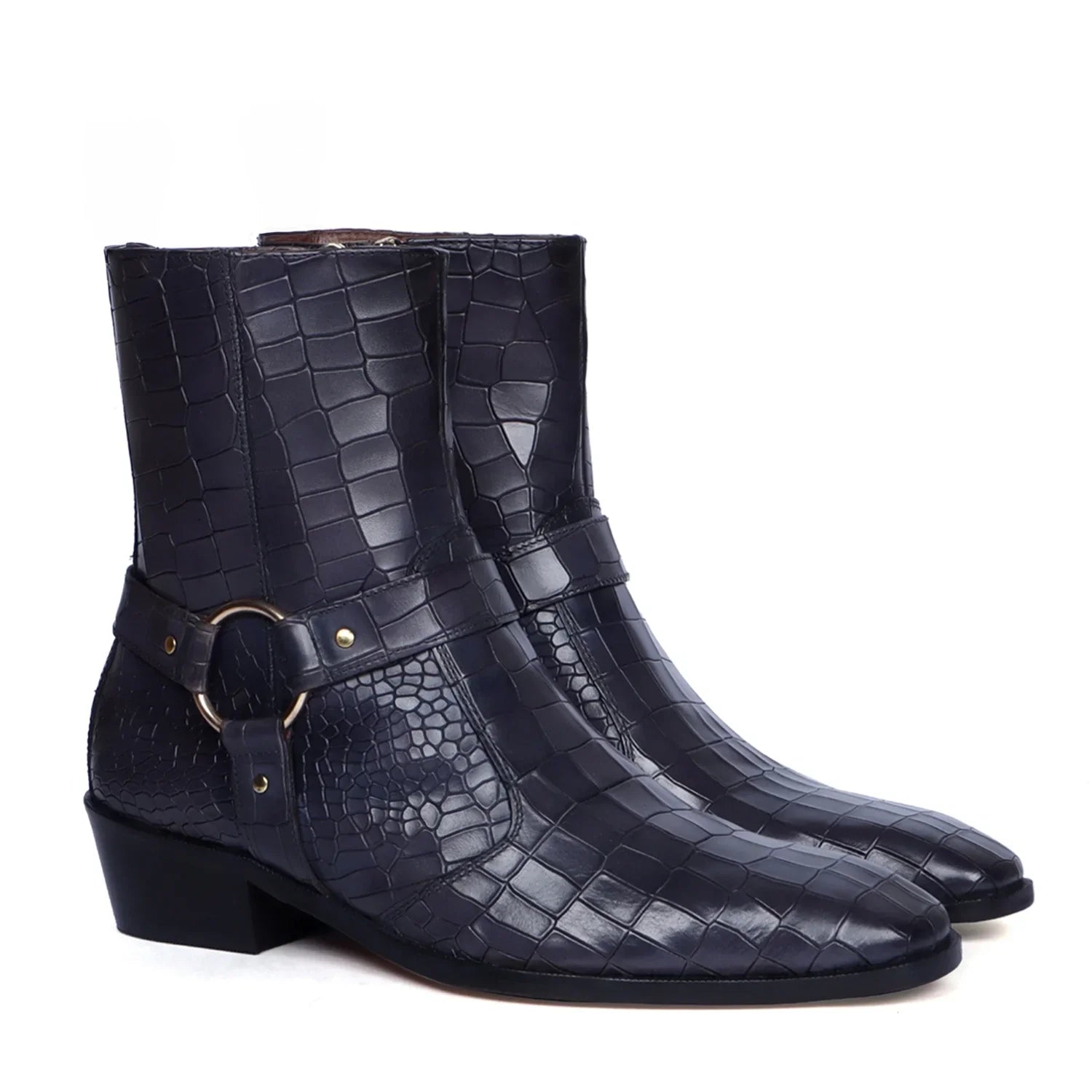 Grey Leather Boots Perfect Cuban Heel with Stylish Buckle Strap