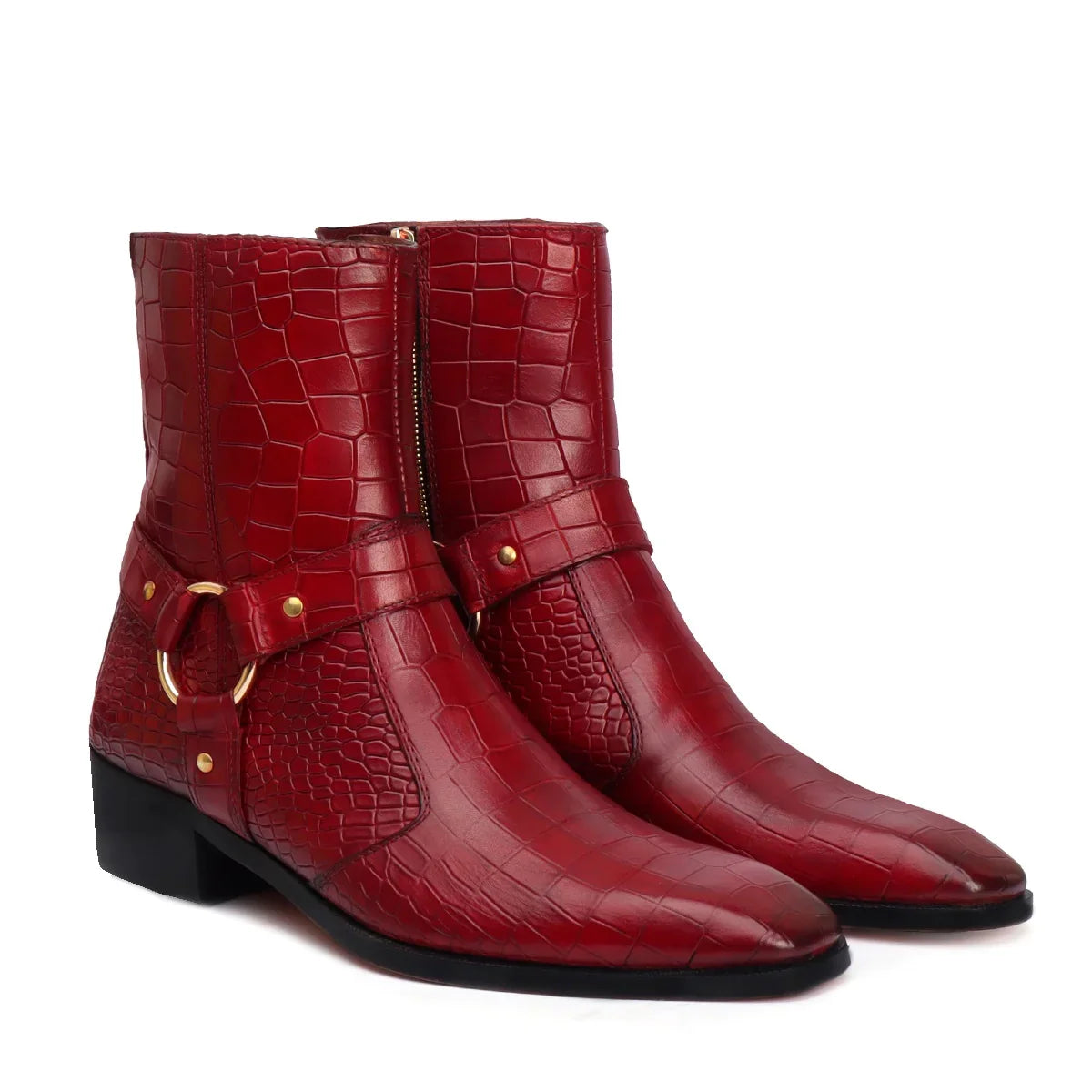 Wine Chelsea Boots with Stylish Buckle Strap in Deep Cut Leather