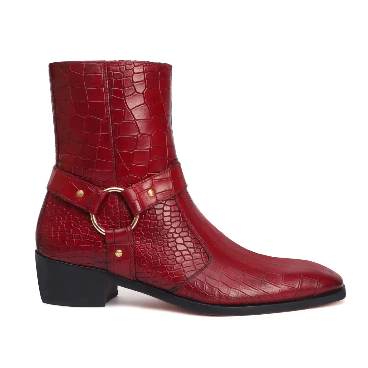 Wine Chelsea Boots with Stylish Buckle Strap in Deep Cut Leather