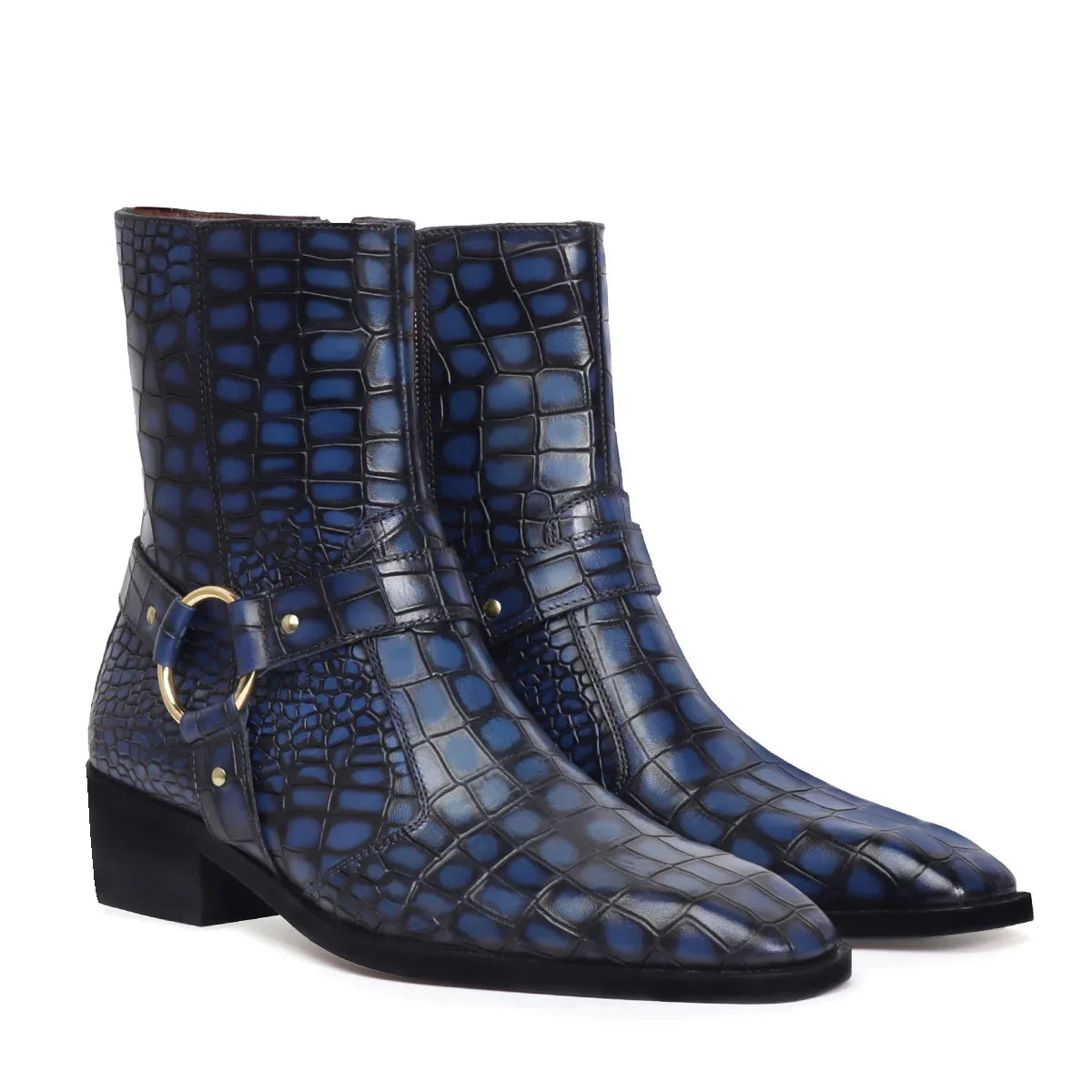 CUBAN BOOTS WITH STYLISH BUCKLE STRAP FOR MEN IN BLUE DEEP CUT LEATHER