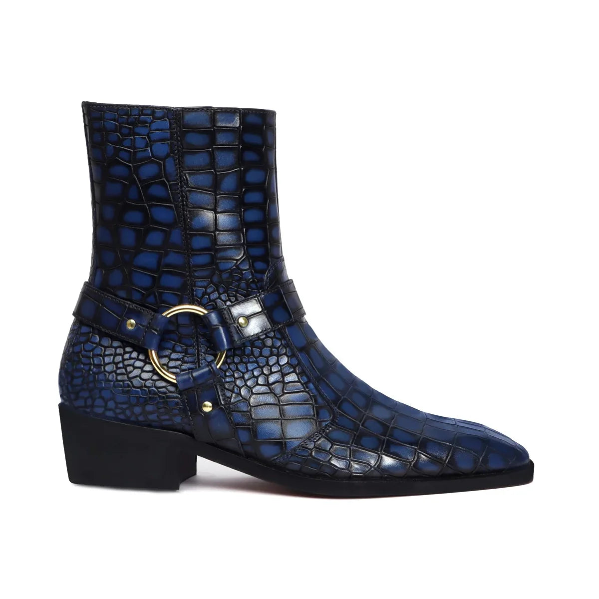 CUBAN BOOTS WITH STYLISH BUCKLE STRAP FOR MEN IN BLUE DEEP CUT LEATHER