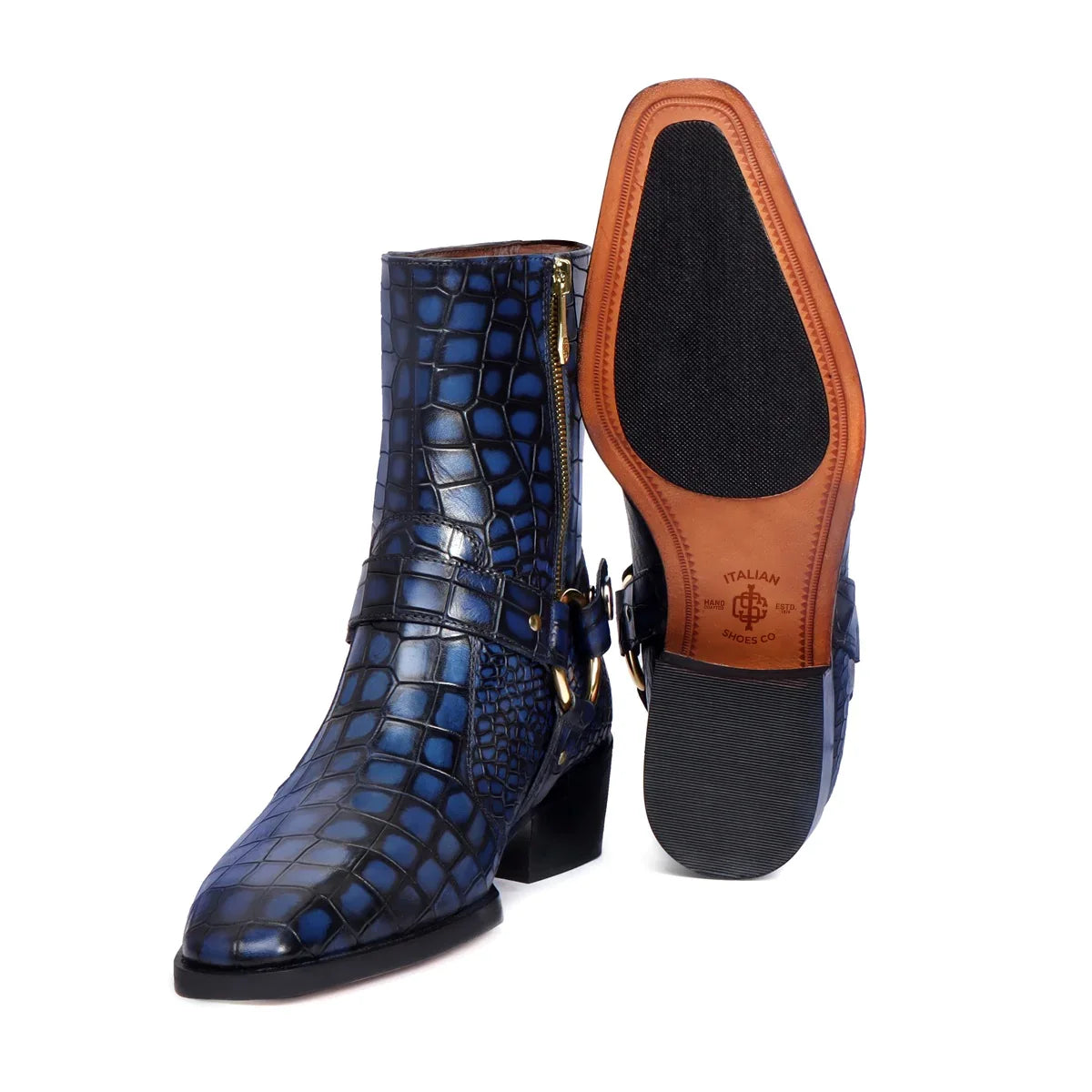 CUBAN BOOTS WITH STYLISH BUCKLE STRAP FOR MEN IN BLUE DEEP CUT LEATHER