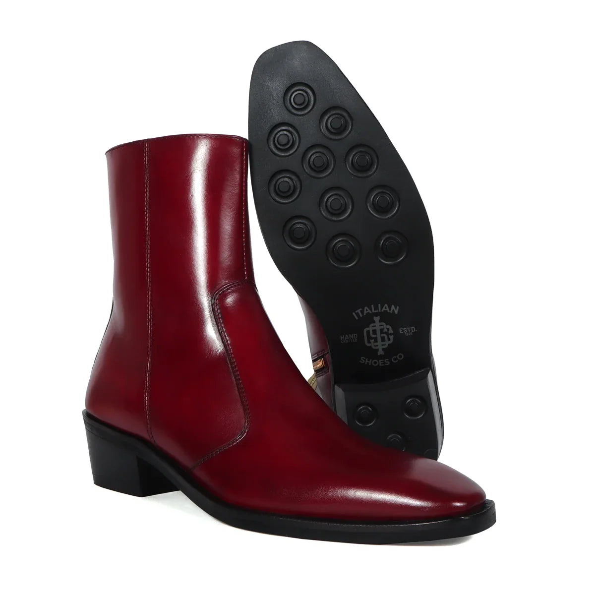 Cuban Chelsea Boots in Wine Genuine Leather with Zip Closure