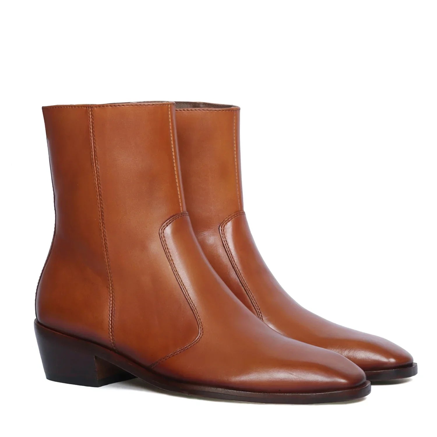 Cuban Stitched Tan Boots High Ankle Zip Closure